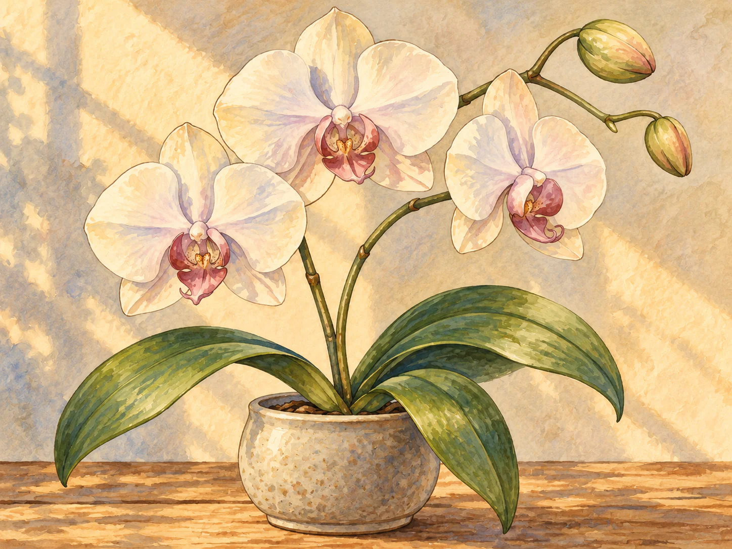 Orchid in Stoneware: One graceful orchid with three generous open blooms and two buds rises from a simple stoneware pot, with four broad leaves on a quiet tabletop. A soft interior wall forms an open backdrop.