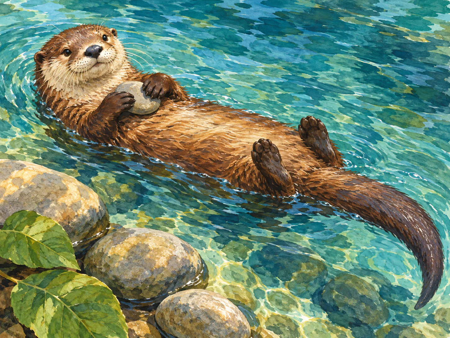 Otter and River Pebbles: A chestnut otter drifts through turquoise water, holding a smooth pebble. Broad river stones and green leaves frame its quiet resting place.