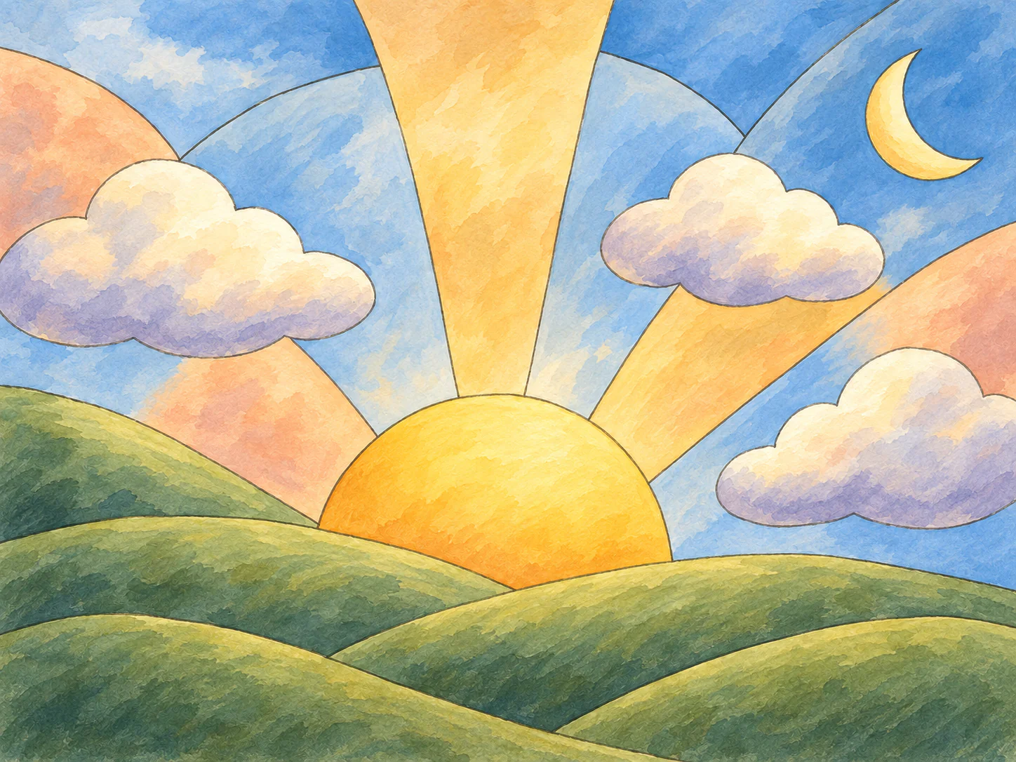 Patchwork Clouds: A playful patchwork of clouds, sun rays, moonlight and rolling hills.