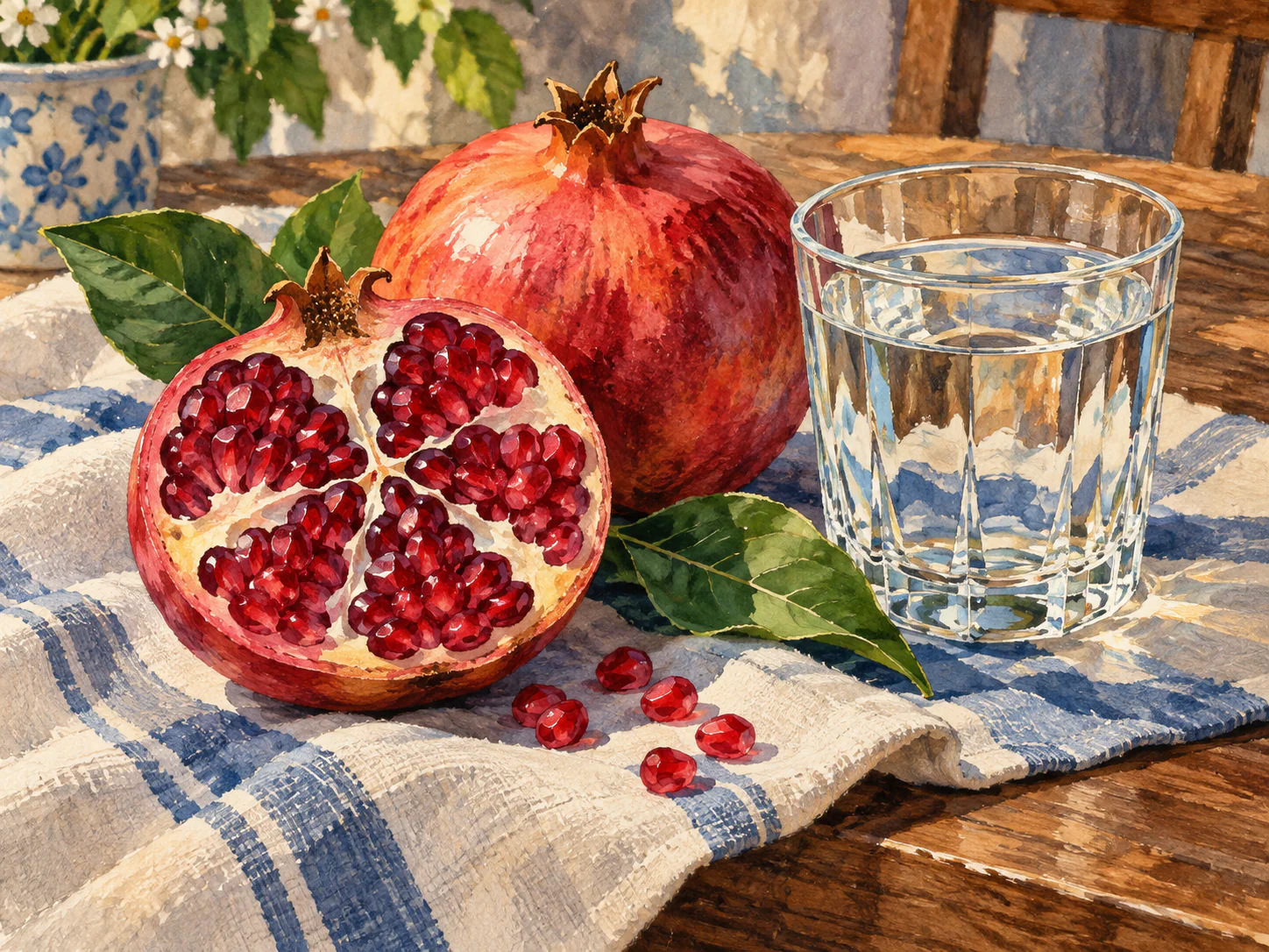 Pomegranate and Cut Glass: Ruby pomegranate seeds, glossy leaves and a faceted water glass catch the window light on blue-striped linen.
