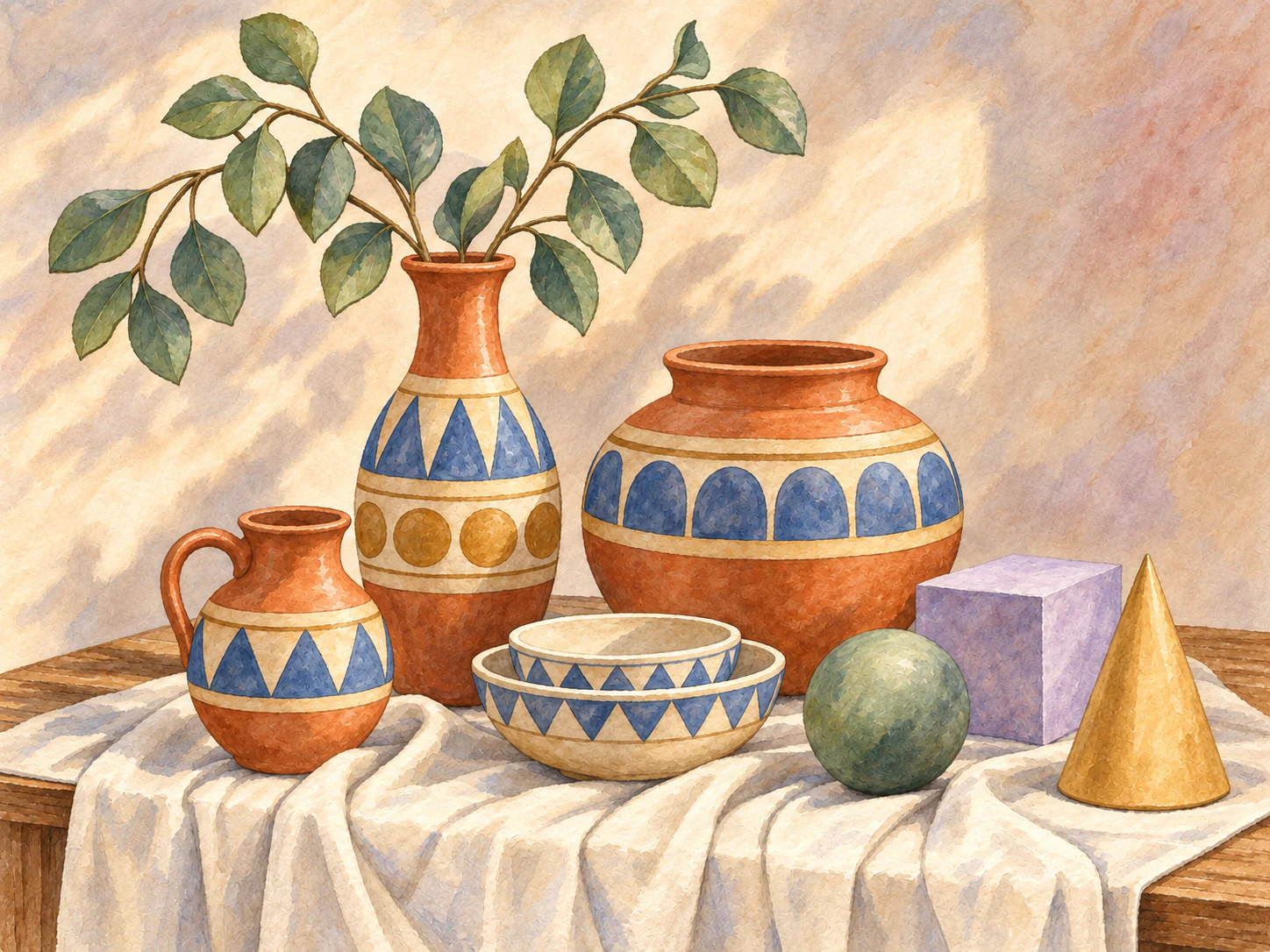 Pottery and Geometric Forms: Vases, bowls and geometric solids explore proportion, pattern and three-dimensional form.