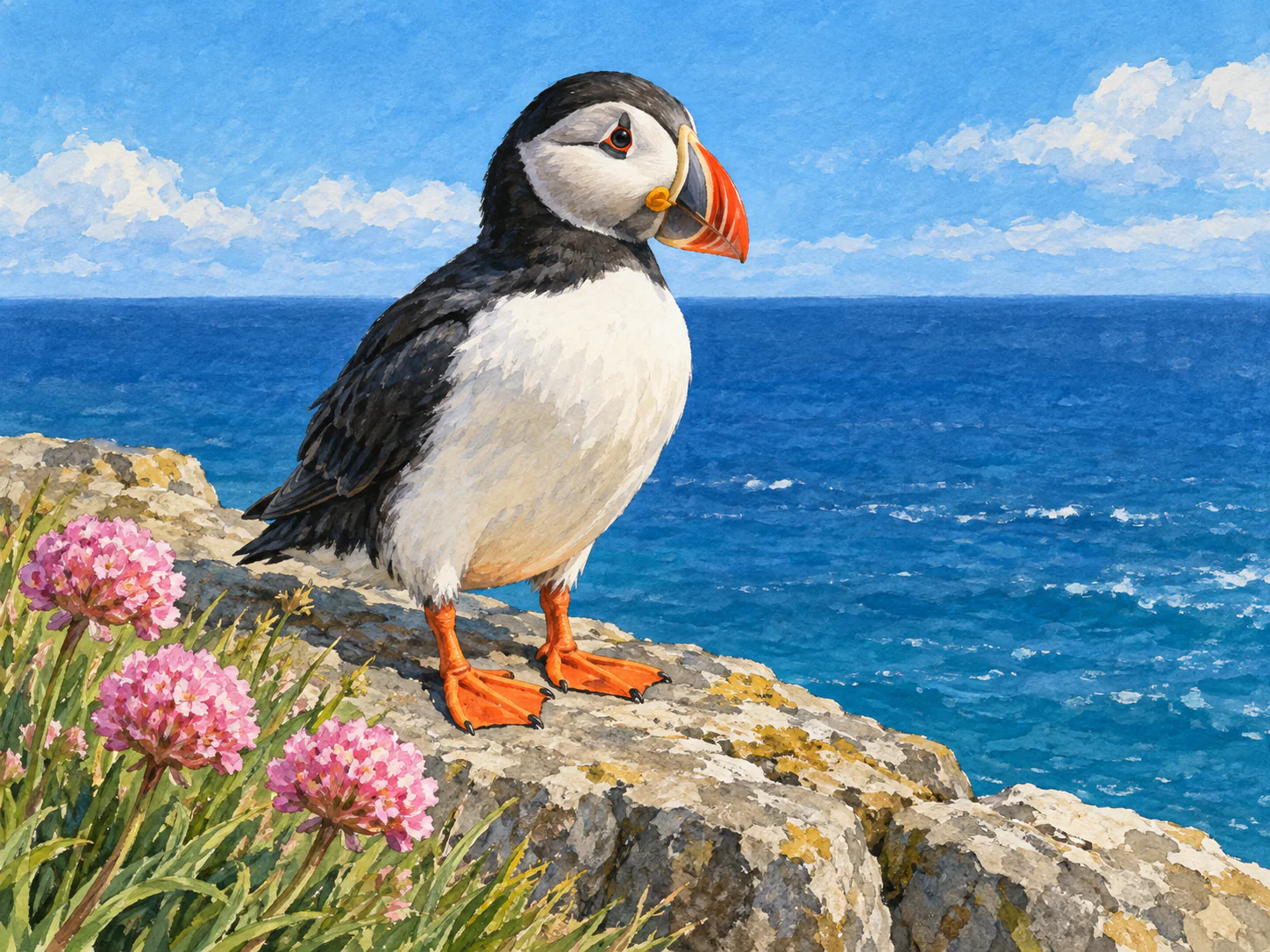 Puffin on the Headland: A puffin watches the blue sea from a rocky headland, beside pink sea-thrift flowers. Its bright beak brings a warm accent to the coastal blues.