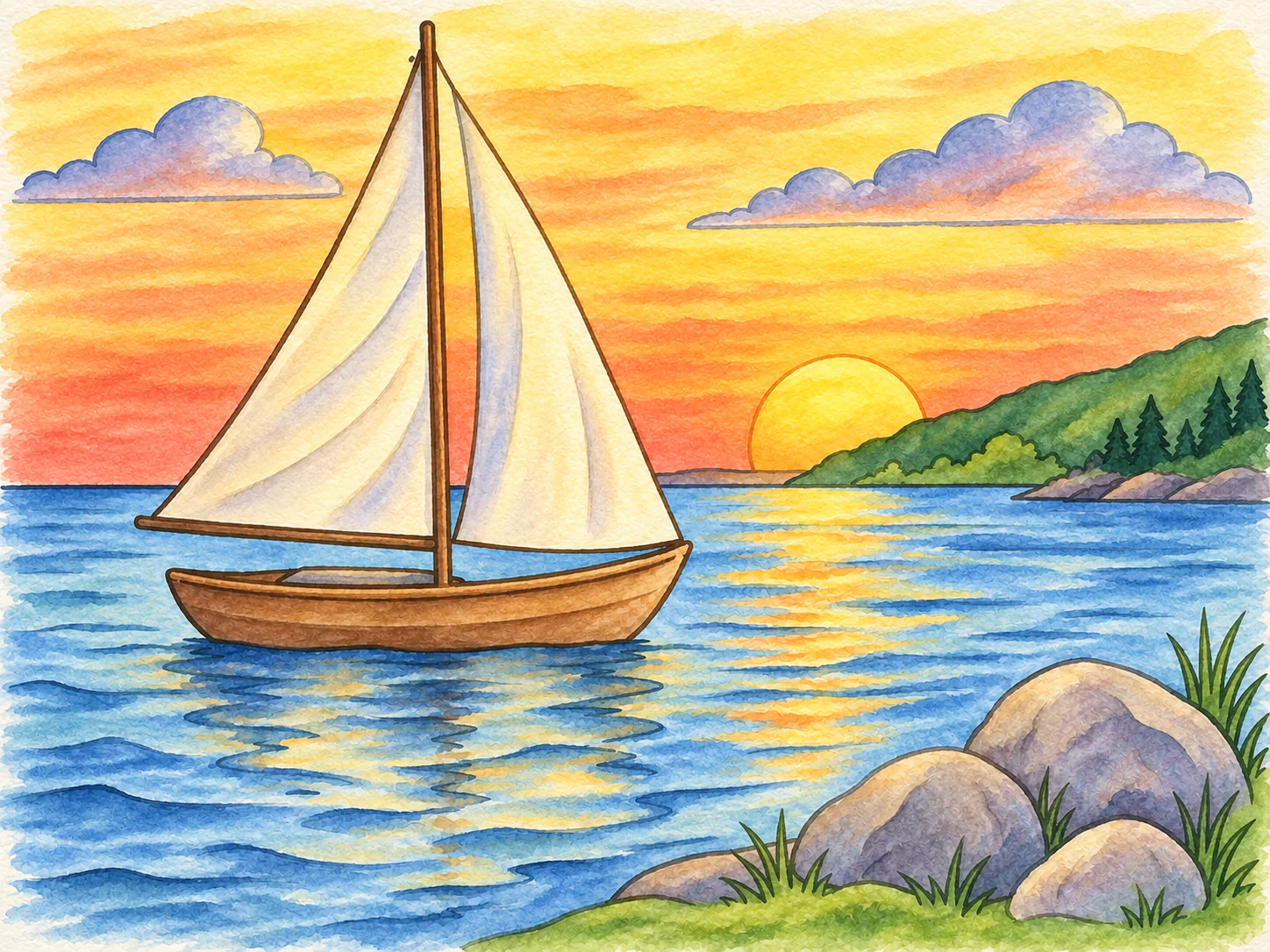 Quiet Sailboat Sunset: One small sailboat rests beneath a warm coral sunset.