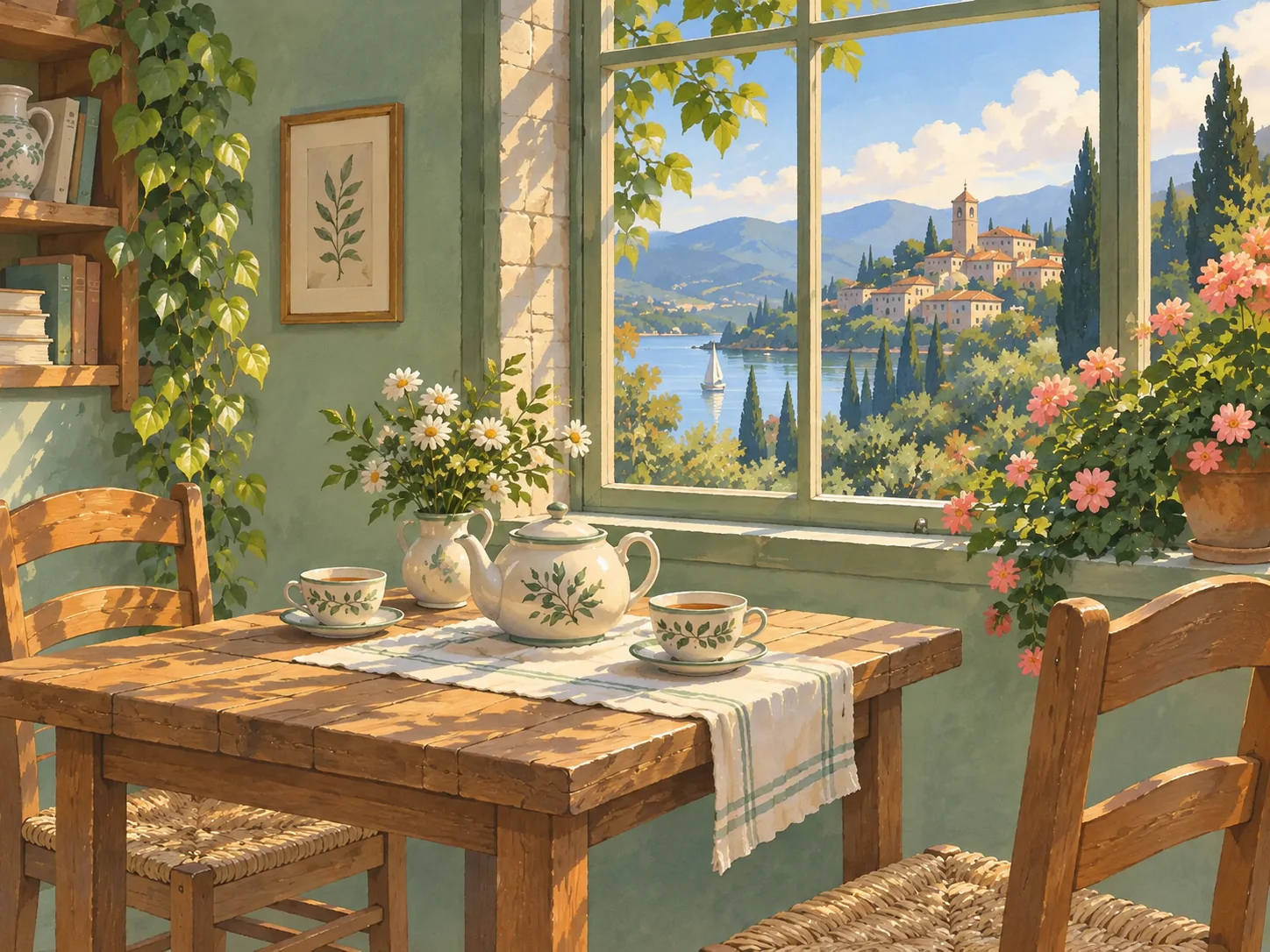 Quiet Tea Room: Soft sage walls, a small table and a pot of tea in the window.