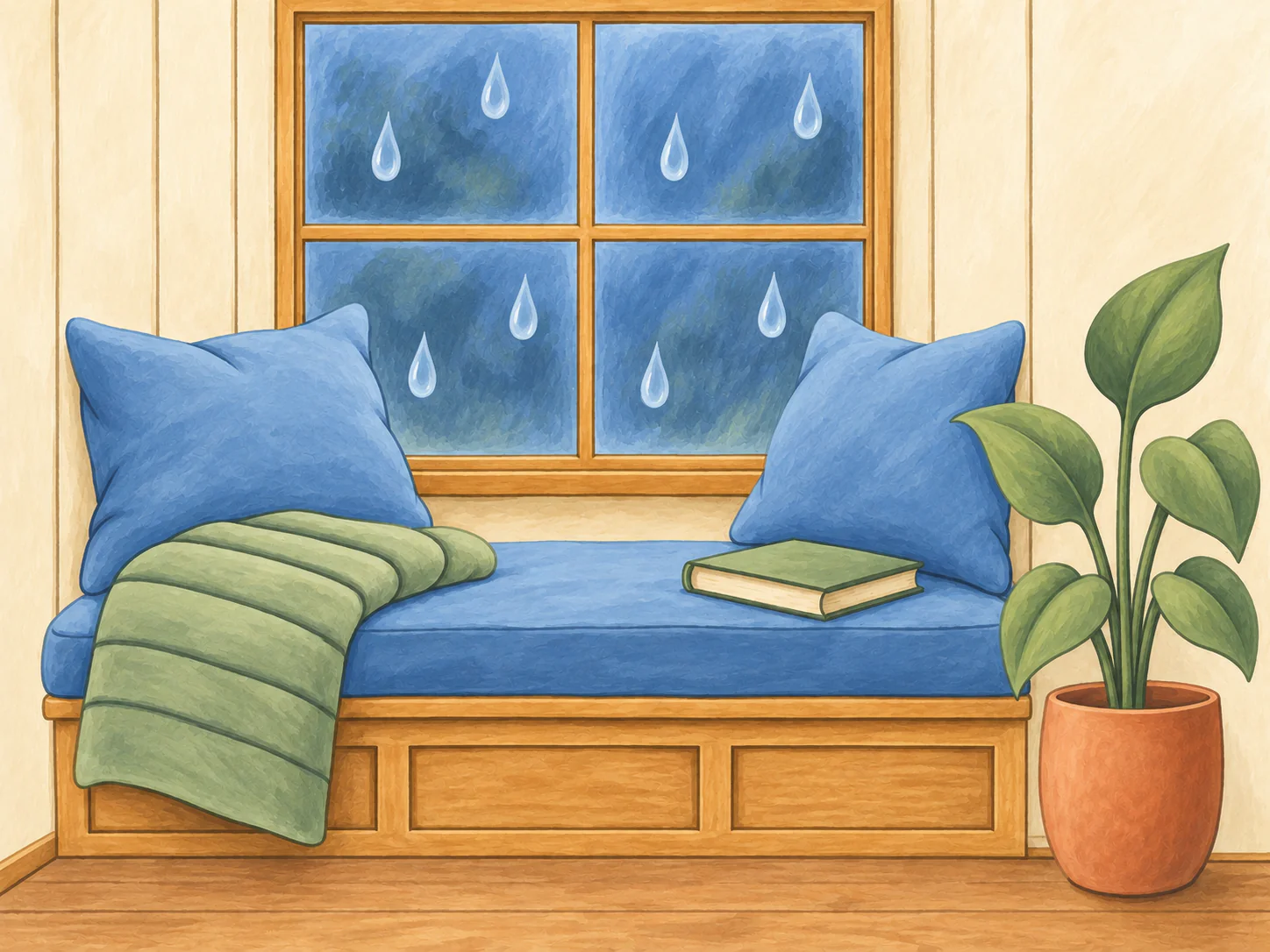 Rainy Window Seat: Soft cushions, a folded blanket and a book make a rainy day feel cozy.