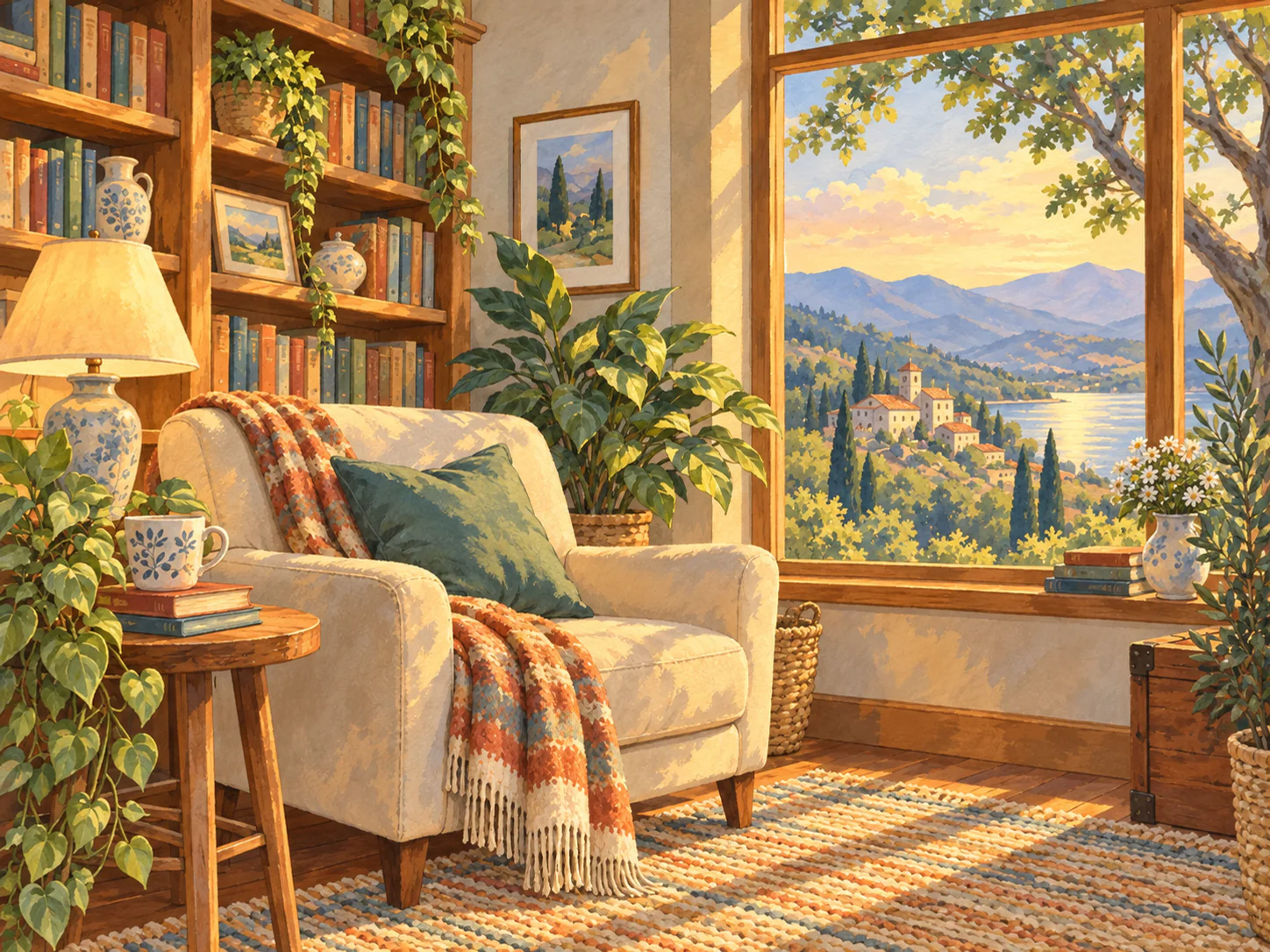 Reading Nook: A warm corner with a bookshelf, a low lamp and a quiet chair.