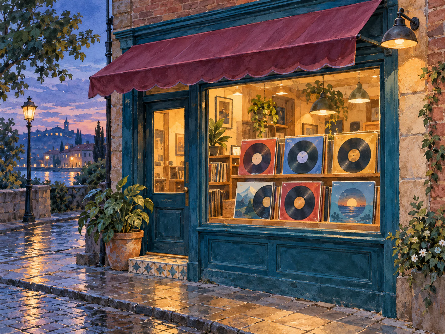 The Record Shop at Dusk: A warmly lit record shop glows behind teal window frames as evening settles over the waterfront street.
