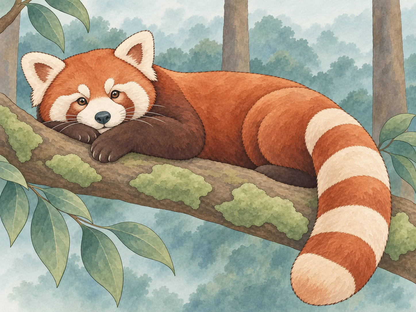 Red Panda at Rest: A red panda rests lengthwise along a broad mossy branch, its ringed tail curving down. A few broad leaves and an open misty forest backdrop frame a quiet animal study.