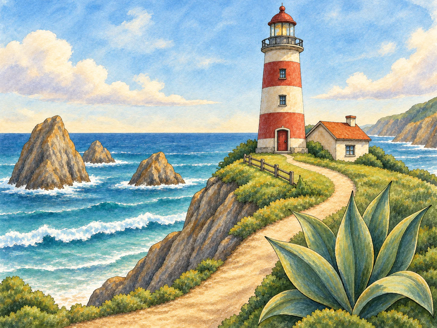 Seaside Lighthouse Path: Follow a coastal path past broad leaves and rocks to a striped lighthouse.