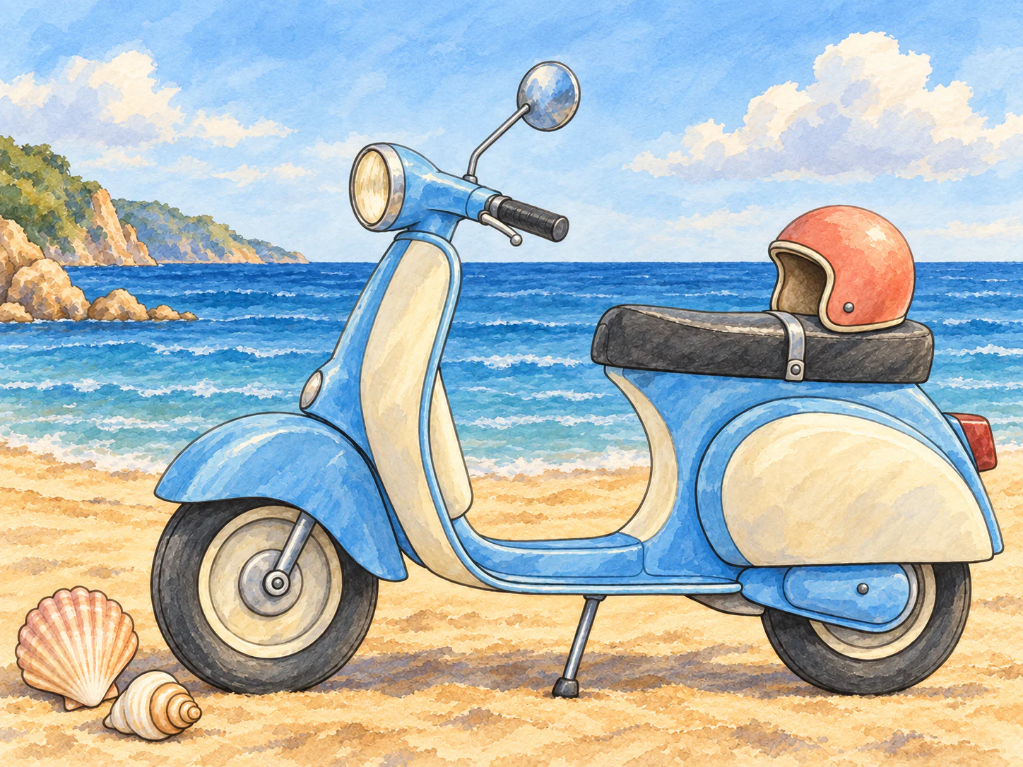 Seaside Scooter: A vintage scooter, a helmet and seashells beside a calm blue sea.
