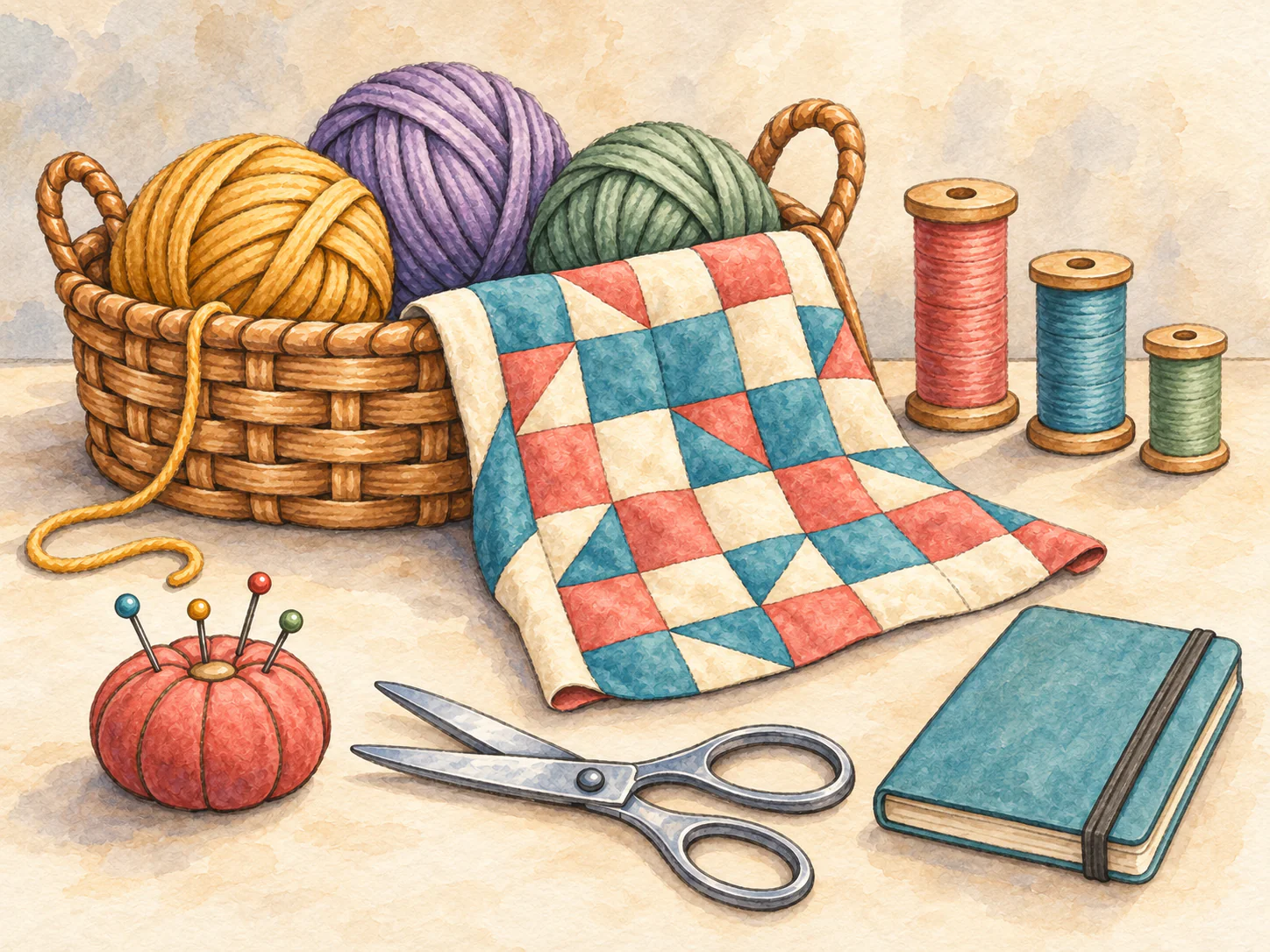 Sewing Basket: Patchwork fabric, yarn and simple sewing tools form a tactile study of repeating shapes.