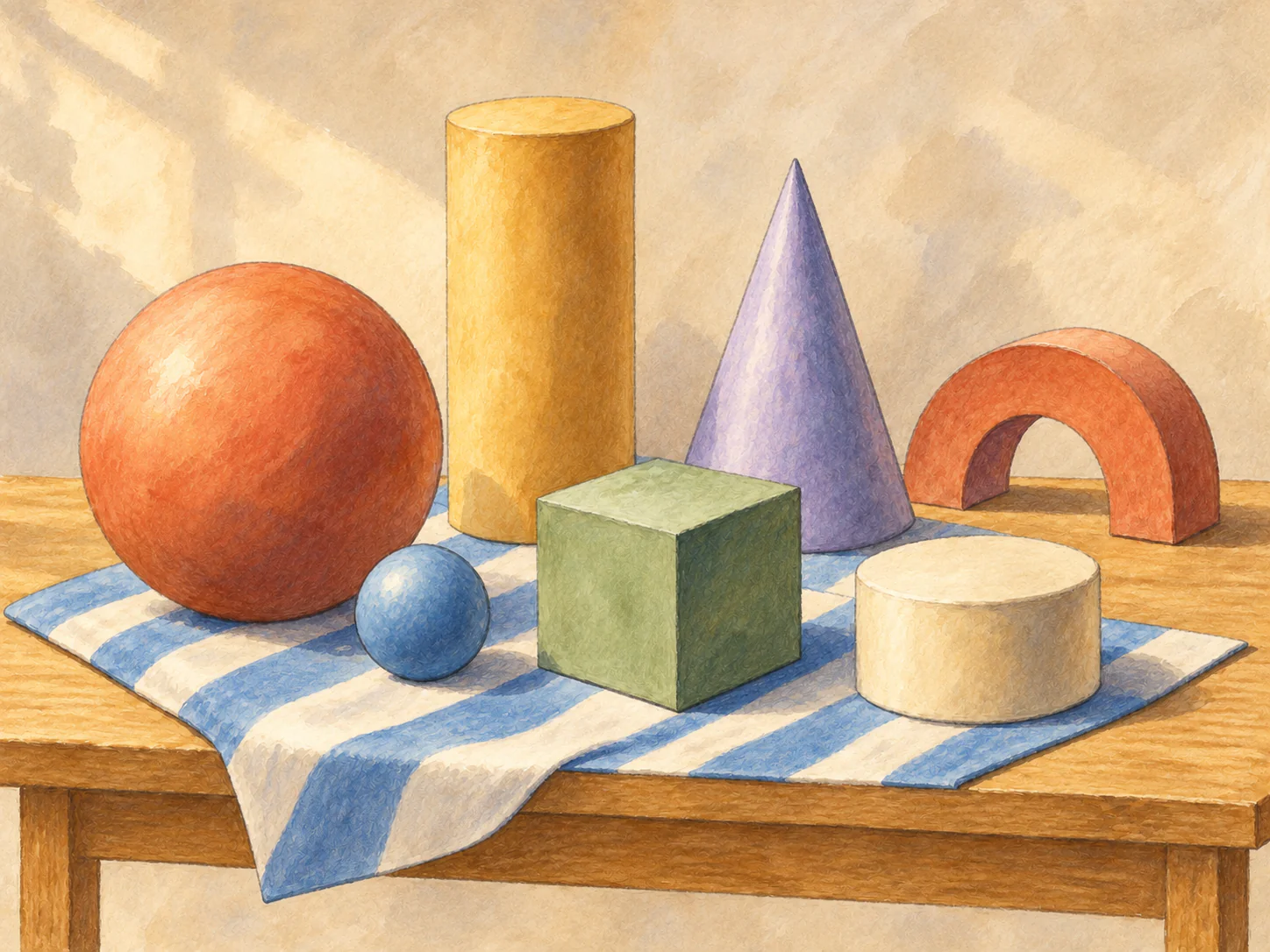 Shapes in Balance: Rounded and angular forms of different sizes rest together on a quiet tabletop.