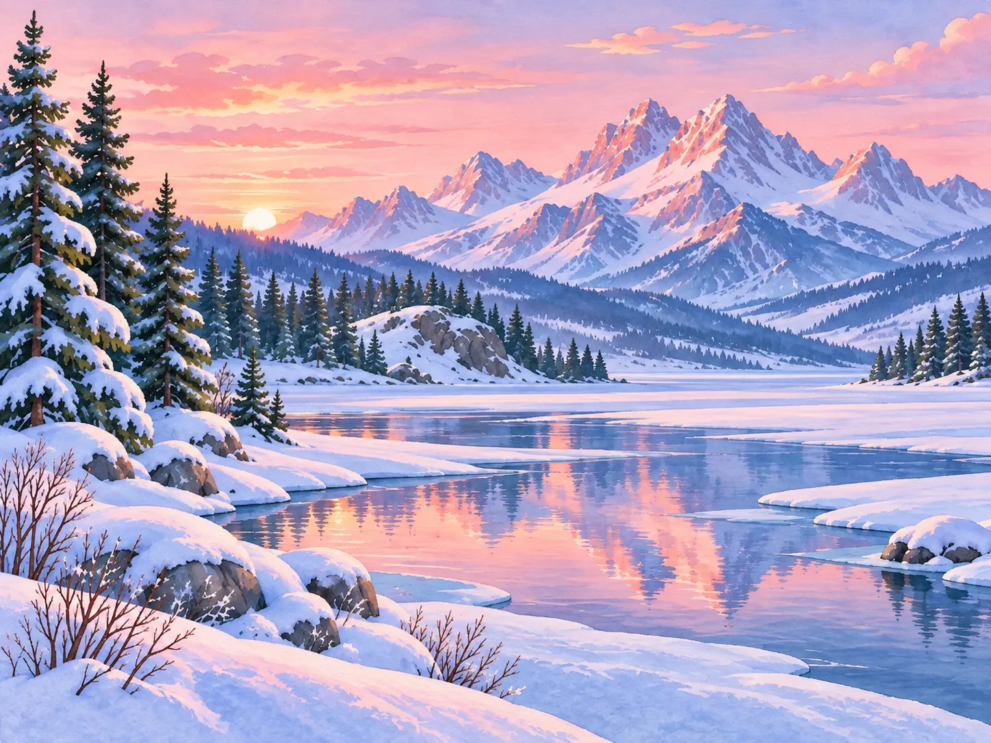 Snowline Dawn: Pale pink dawn over a wide snowfield and quiet water.