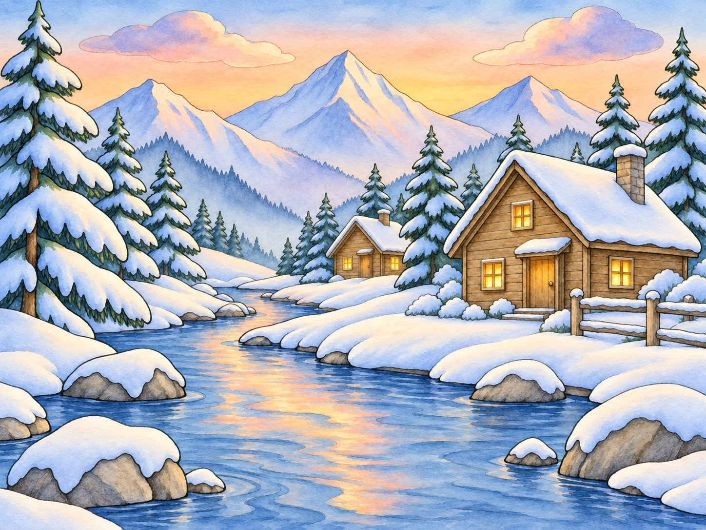 Snowy Pine Cabins: Two warm cabins glow beside a quiet winter stream.