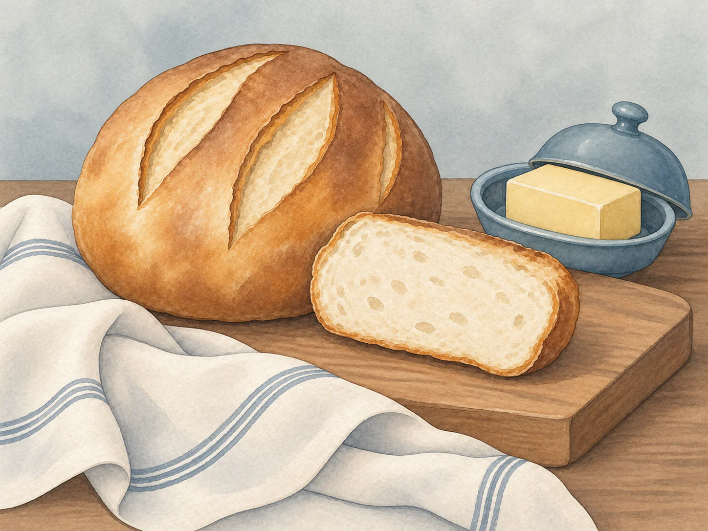 Sourdough & Linen: A rustic round sourdough loaf and one thick cut slice on a weathered wooden board, a folded linen cloth and a small butter dish in calm window light. Close, mature still life; no window scenery.