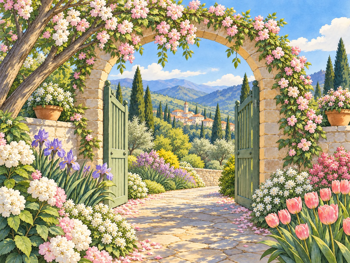 Spring Garden Gate: An arched gate between flower beds, with blossom overhead.
