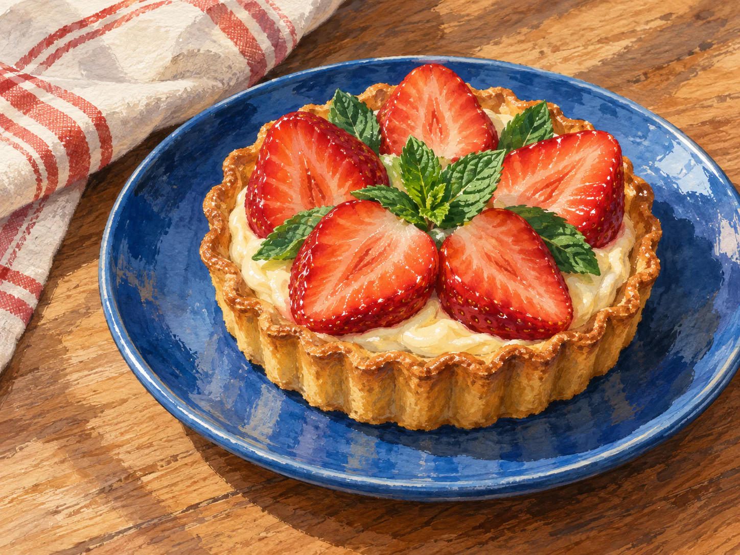 Strawberry Tart: Ripe strawberries and mint crown a golden tart on a cobalt-blue plate, with striped linen beneath it.