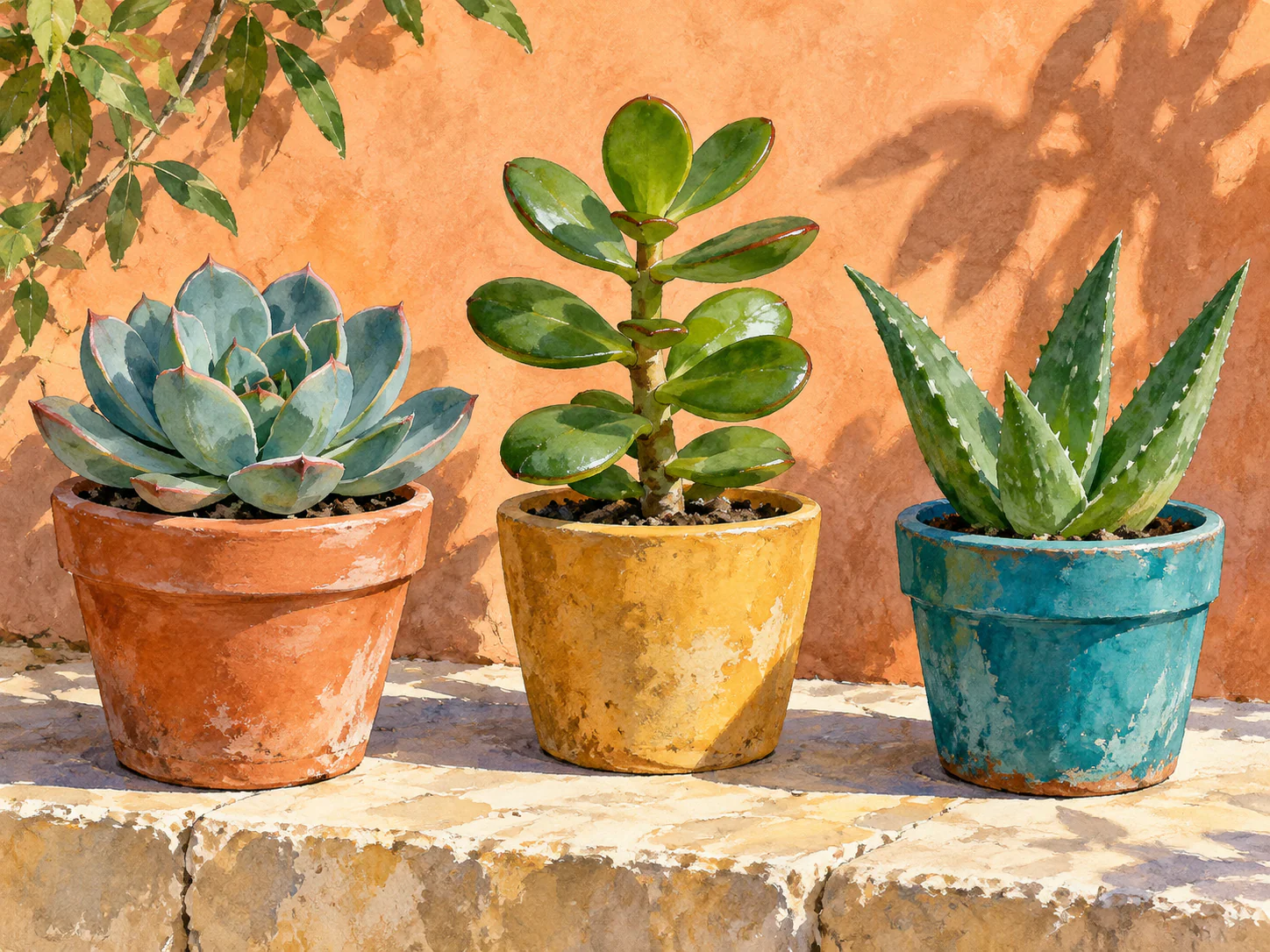 Succulents in Terracotta: Three sculptural succulents catch the sunlight in terracotta, ochre and teal pots against a warm garden wall.