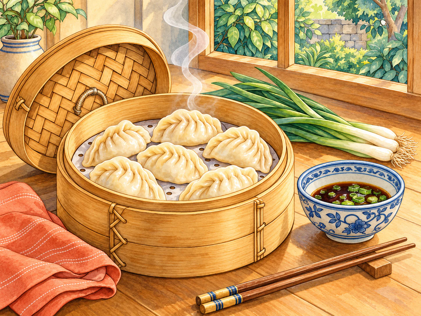 The Dumpling Kitchen: Fresh dumplings in a bamboo steamer sit beside patterned porcelain and spring onions by a garden window.