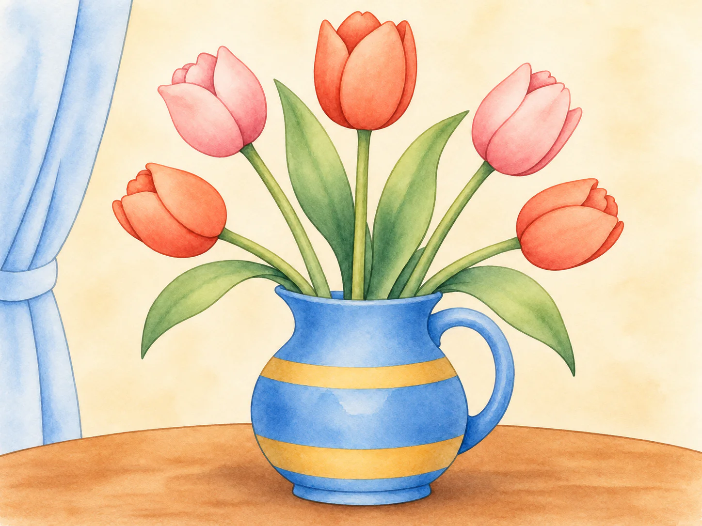 Tulips in a Jug: Five fresh tulips in a striped jug, with broad petals and flowing leaves.