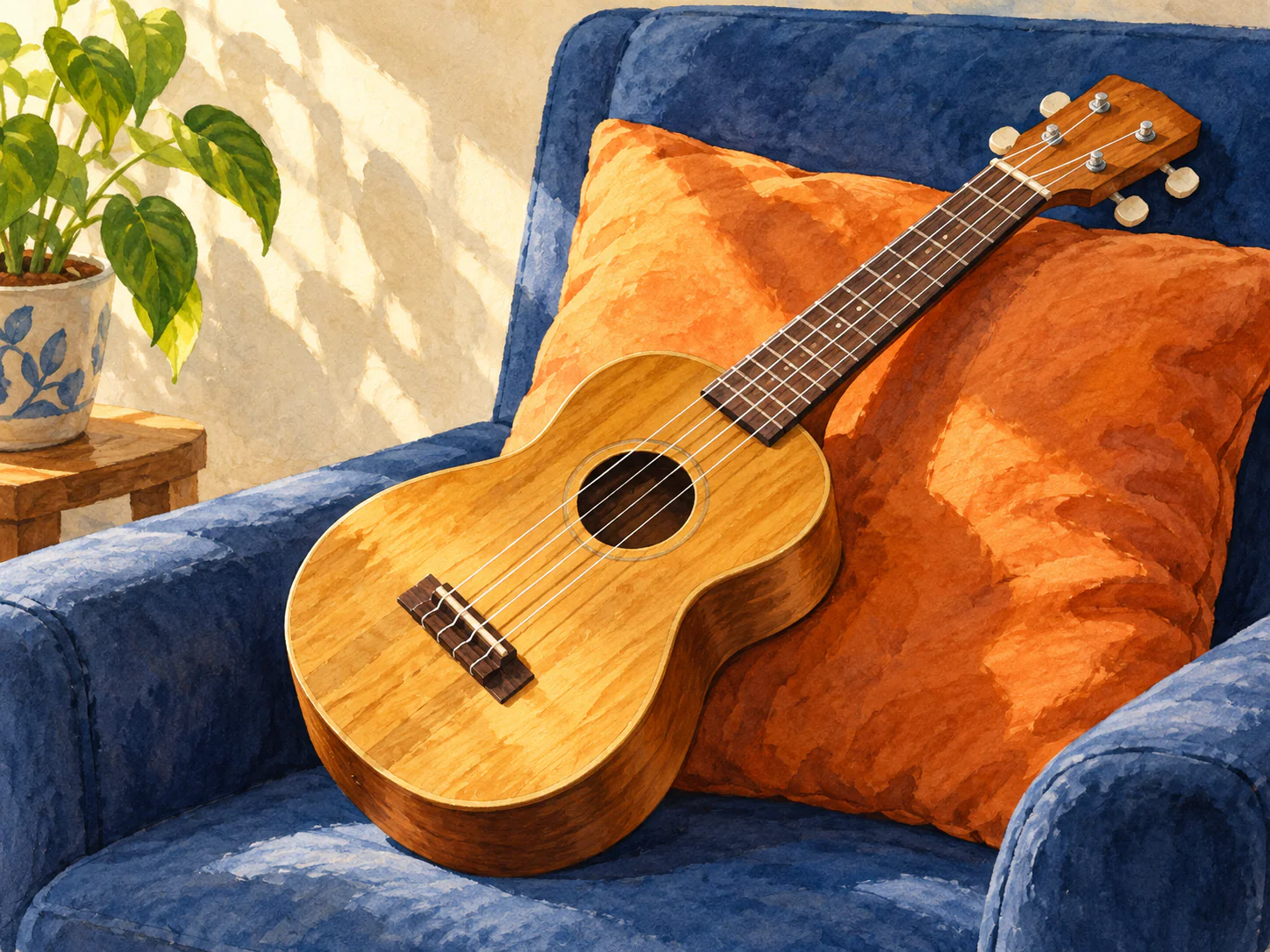 Ukulele in the Sun: A honey-colored ukulele rests against an orange cushion in a deep blue armchair, with sunlight falling across the room.