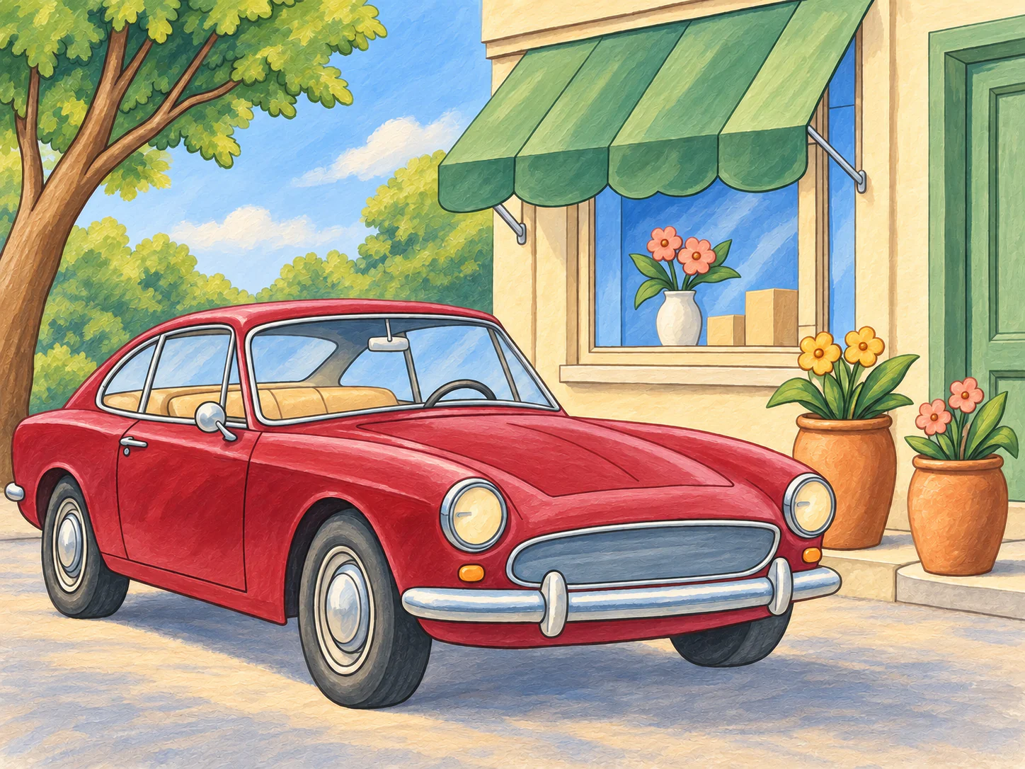 Vintage Car at the Florist: A classic car waits outside a flower shop under a striped awning.