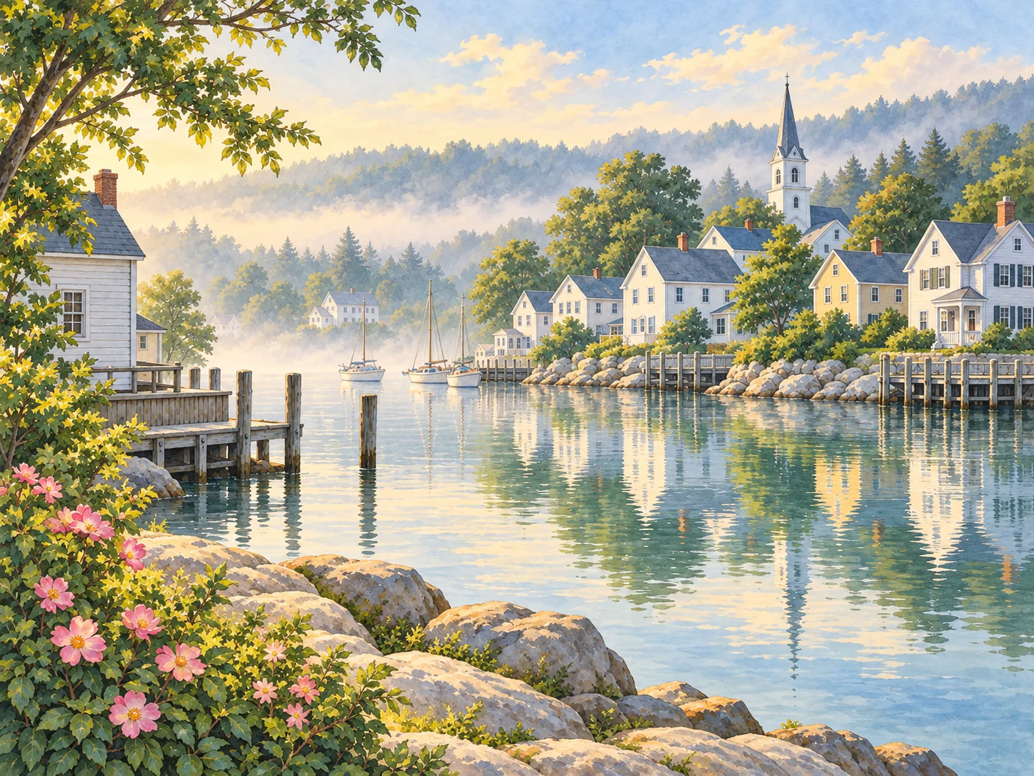 Watertown Morning: Misty morning light on pale houses and still green water.