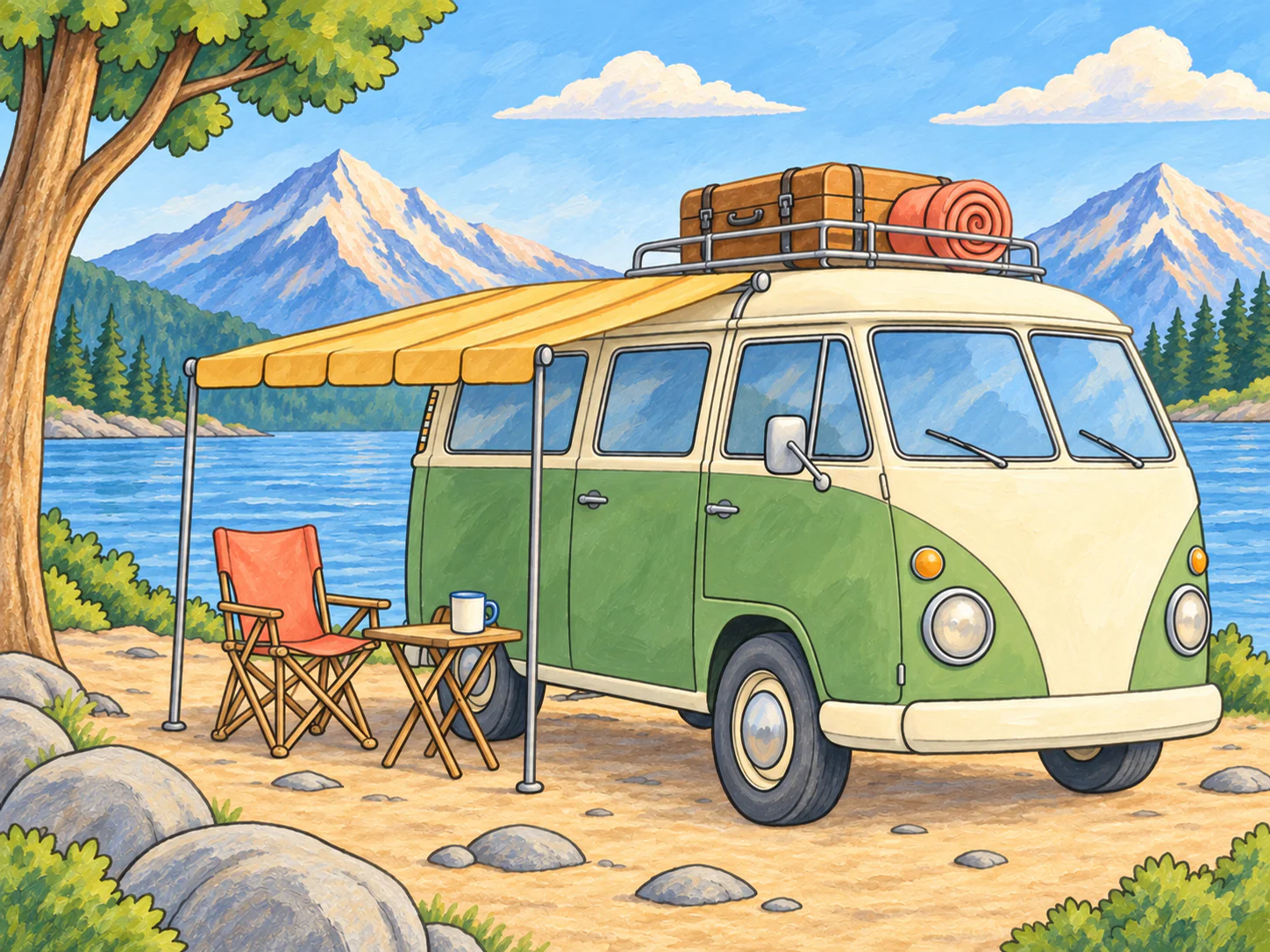 Weekend Camper Van: A lakeside camper van with an awning, a warm drink and mountain views.