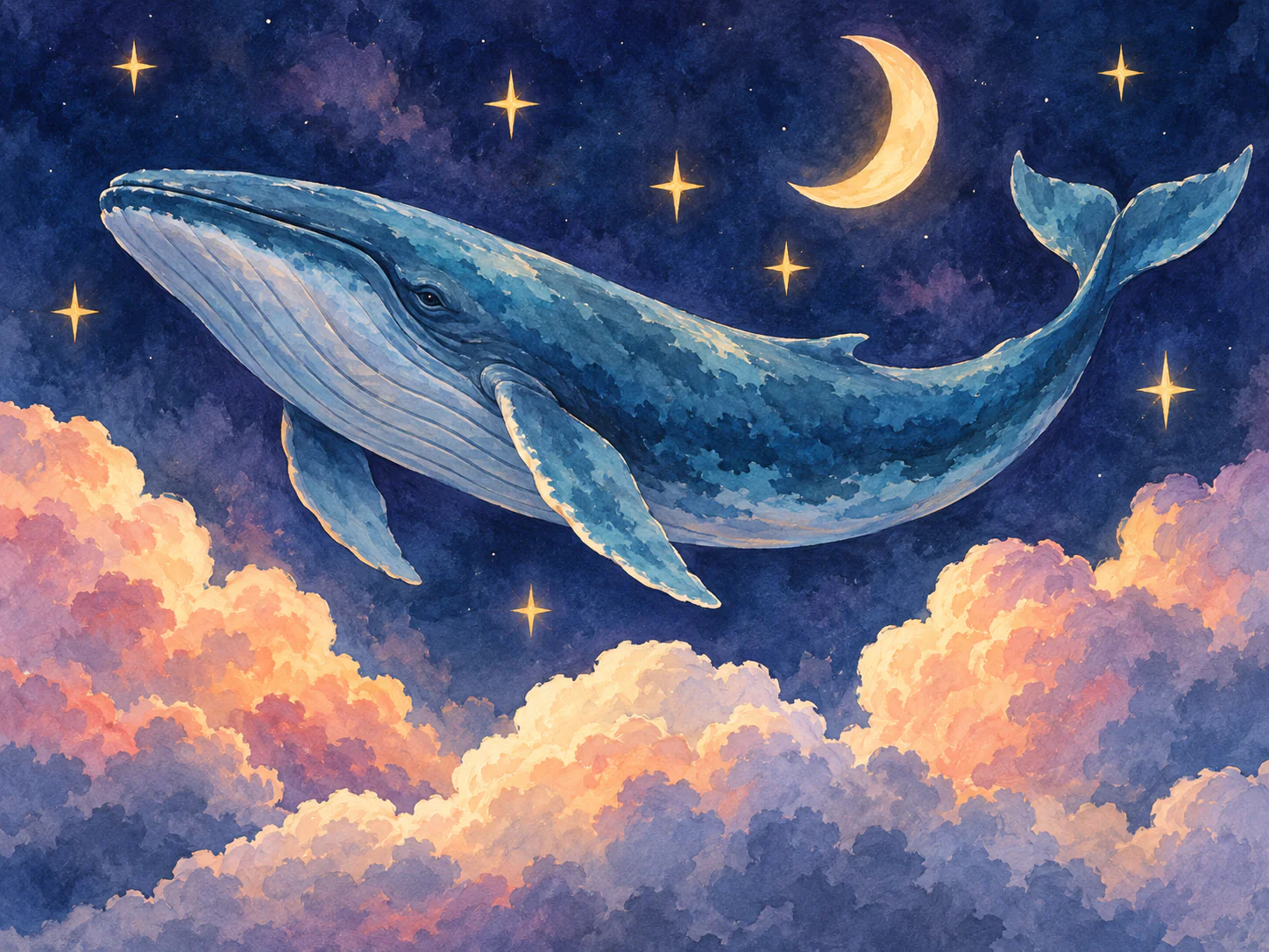Whale Beneath the Stars: A blue whale glides through an indigo sky among golden stars, a crescent moon and glowing peach clouds.
