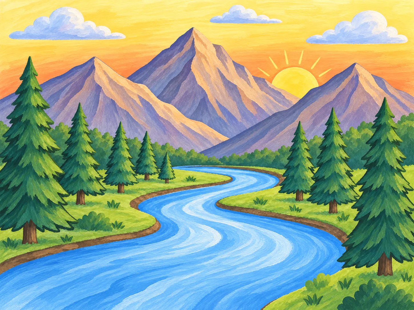 Winding River Valley: A bright river curls between open meadows and layered mountain peaks.