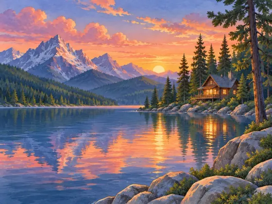 Quiet Lake Cabin — finished reference painting