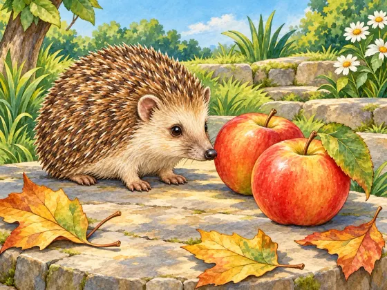 Hedgehog and Fallen Apples — finished reference painting