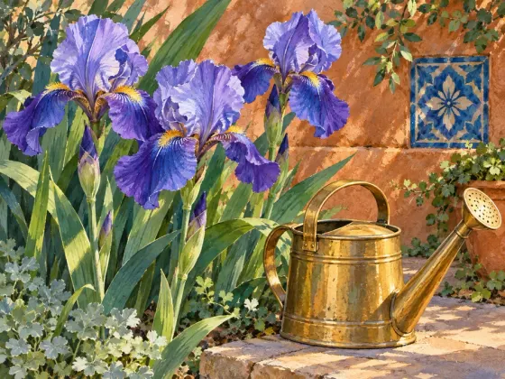 Irises and a Brass Watering Can — finished reference painting