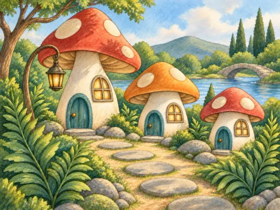 Lantern Mushroom Village — finished reference painting