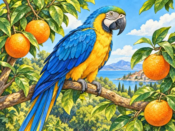 Parrot in the Orange Grove — finished reference painting