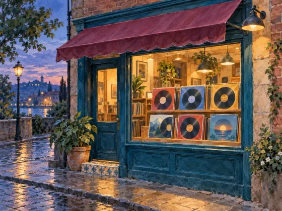 The Record Shop at Dusk — finished reference painting